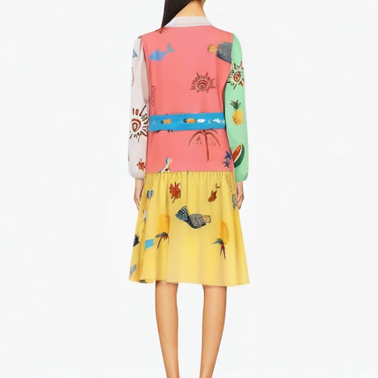 Lapel long-sleeved belt multi-color printed dress