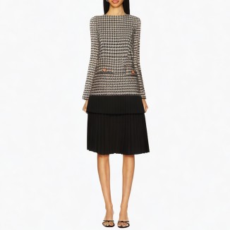 Round neck long-sleeved plaid black and white color dress