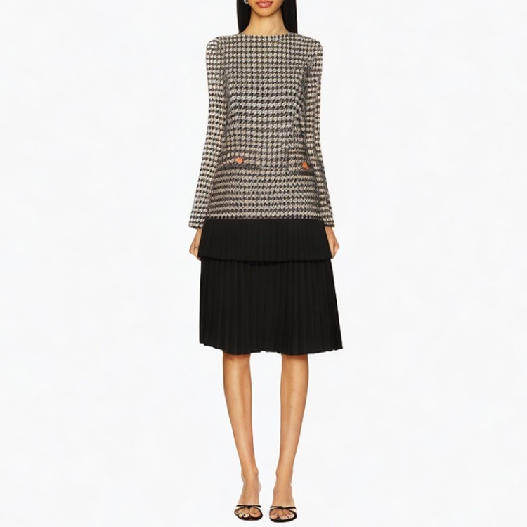 Round neck long-sleeved plaid black and white color dress