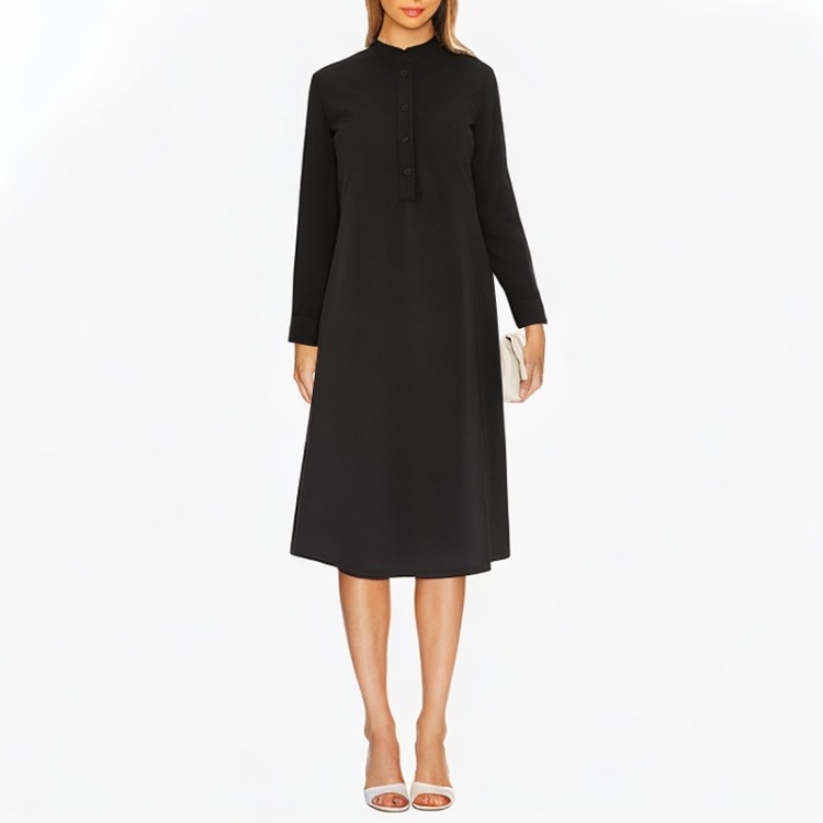 Round neck long-sleeved button black dress