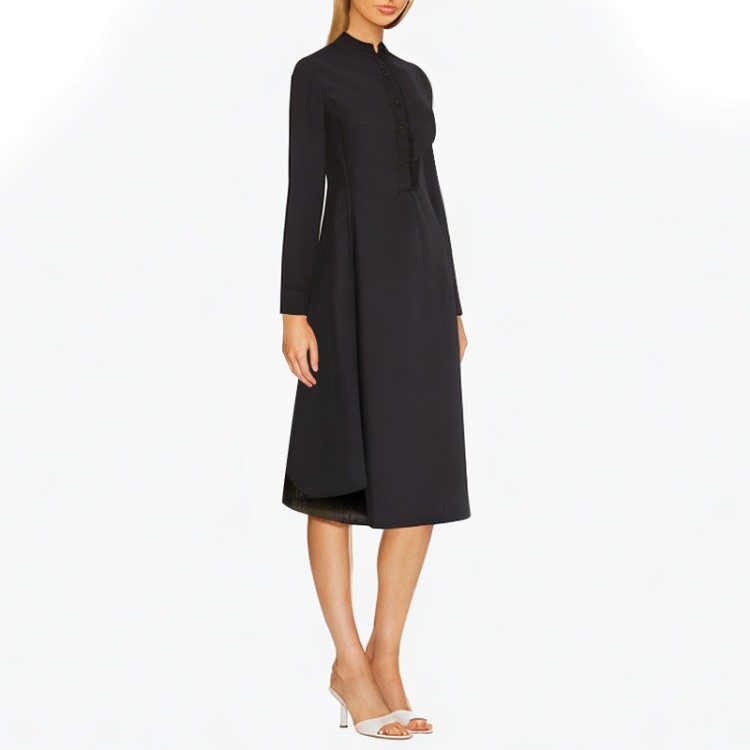 Round neck long-sleeved button black dress