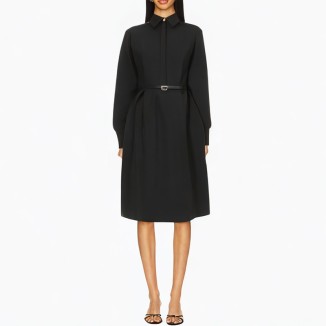 Lapel belt long-sleeved black dress