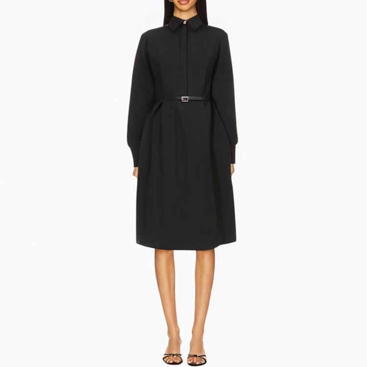 Lapel belt long-sleeved black dress