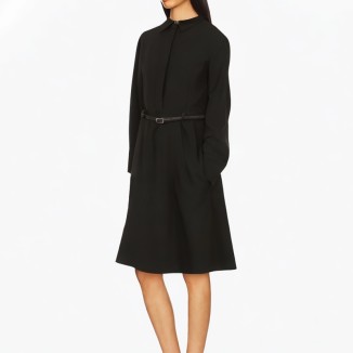 Lapel belt long-sleeved black dress