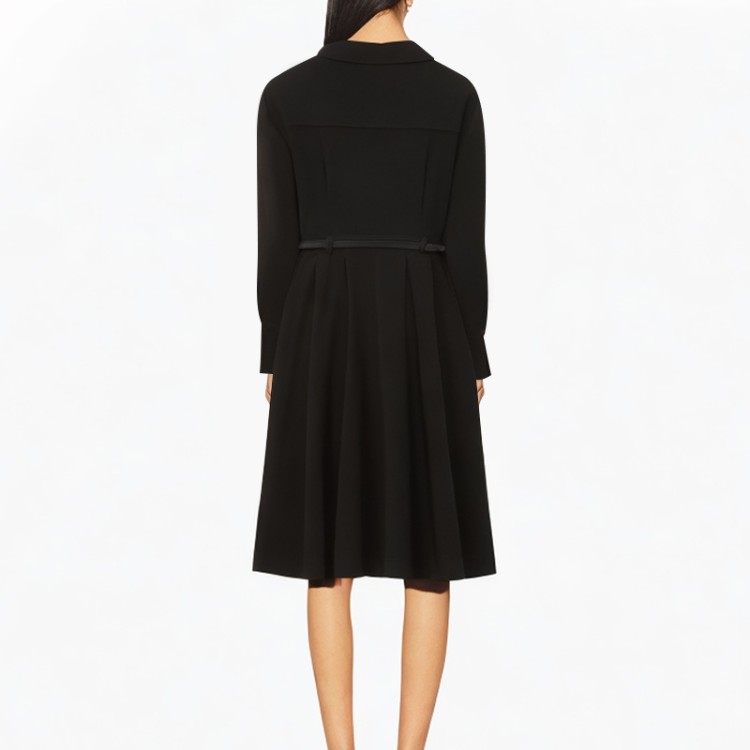 Lapel belt long-sleeved black dress