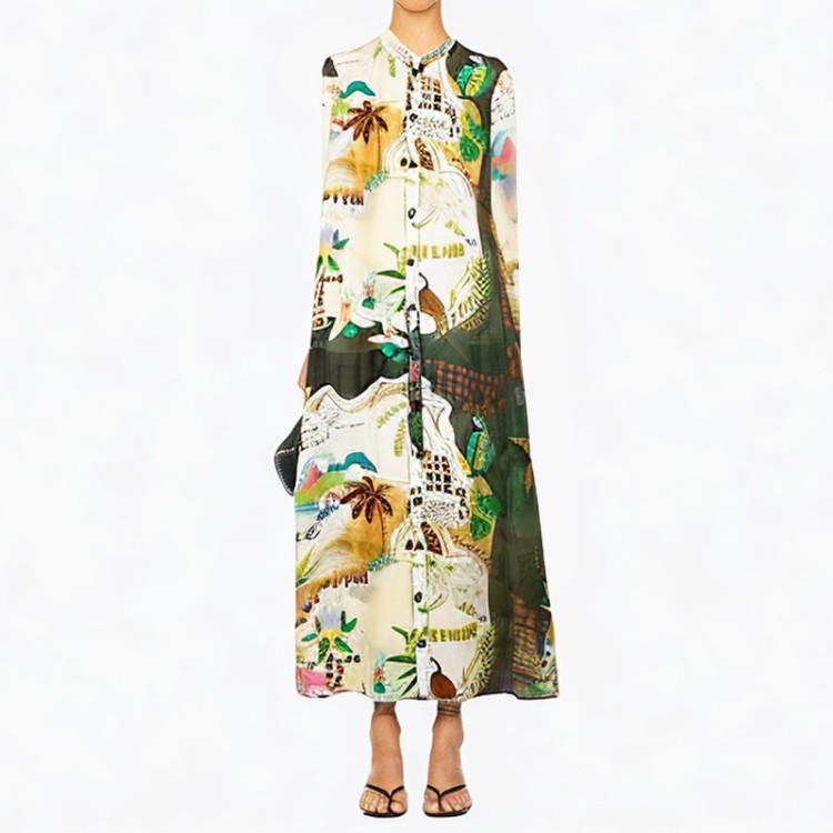 Printed dress retro round neck single-breasted