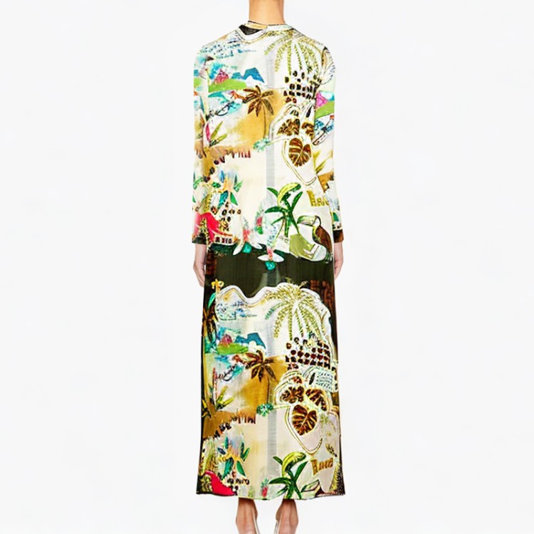 Printed dress retro round neck single-breasted