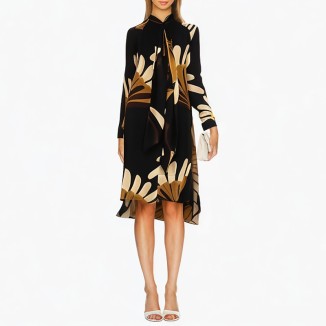 Fashion printed asymmetrical dress retro long sleeve