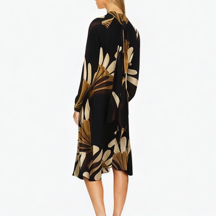 Fashion printed asymmetrical dress retro long sleeve