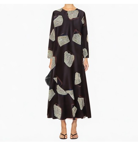 Fashion printed dress retro round neck long sleeve