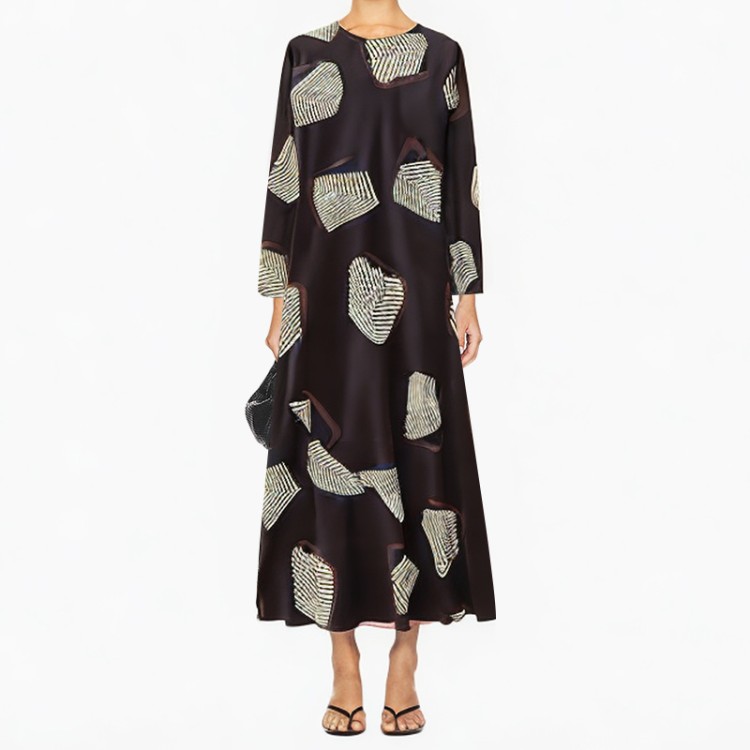 Fashion printed dress retro round neck long sleeve