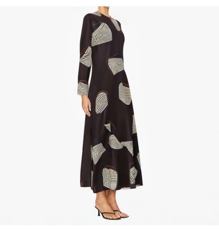 Fashion printed dress retro round neck long sleeve