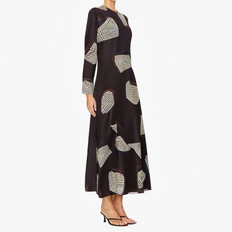 Fashion printed dress retro round neck long sleeve