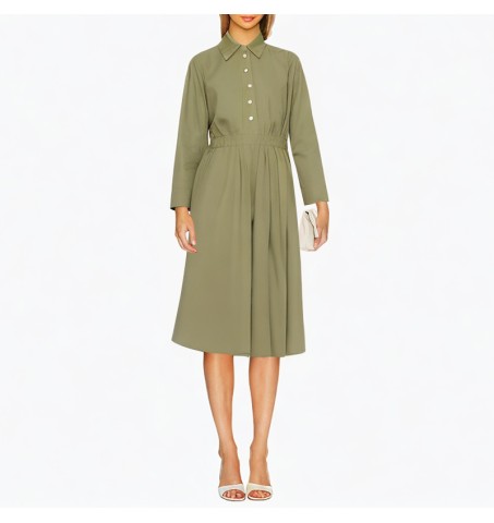 3-color long-sleeved button top elastic waist solid color dress