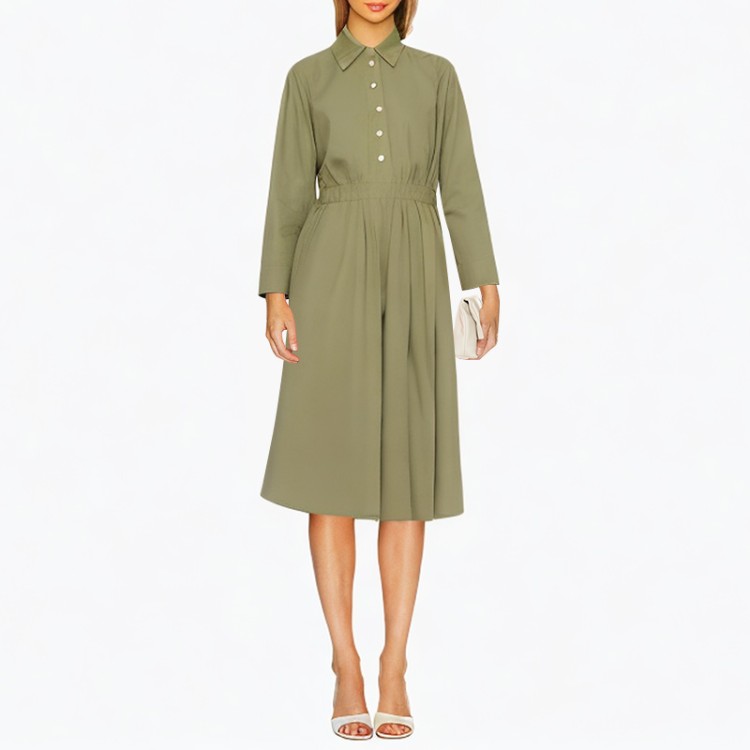 3-color long-sleeved button top elastic waist solid color dress