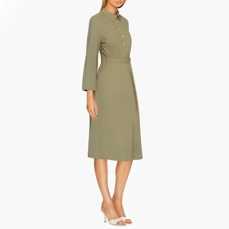 3-color long-sleeved button top elastic waist solid color dress