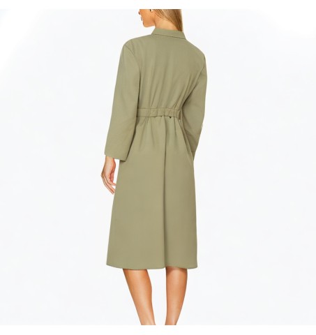 3-color long-sleeved button top elastic waist solid color dress