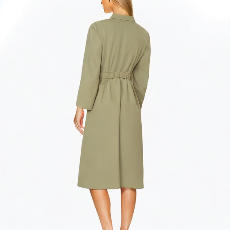 3-color long-sleeved button top elastic waist solid color dress