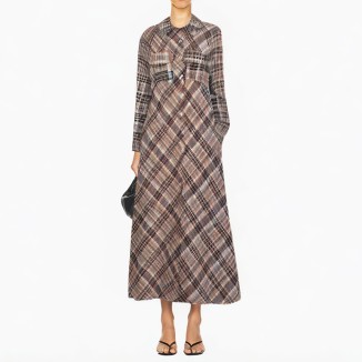 Pocket plaid long-sleeved lapel dress
