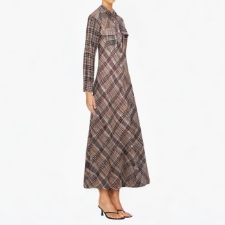 Pocket plaid long-sleeved lapel dress
