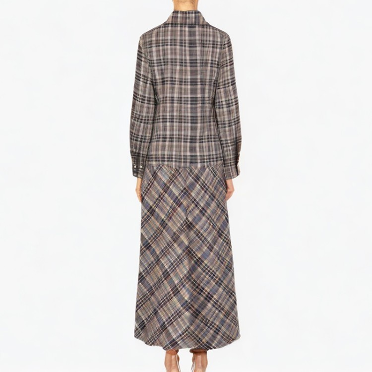 Pocket plaid long-sleeved lapel dress
