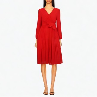 Long-sleeved slim pleated dress with v-neck