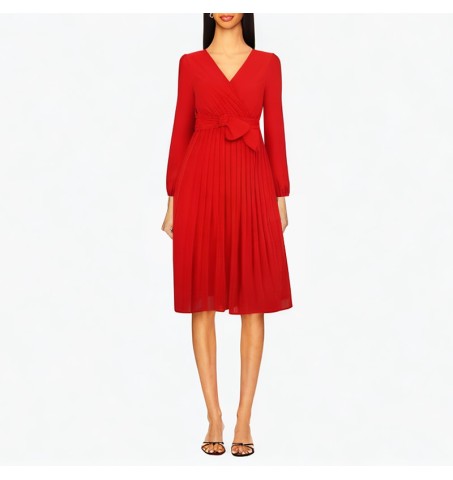 Long-sleeved slim pleated dress with v-neck