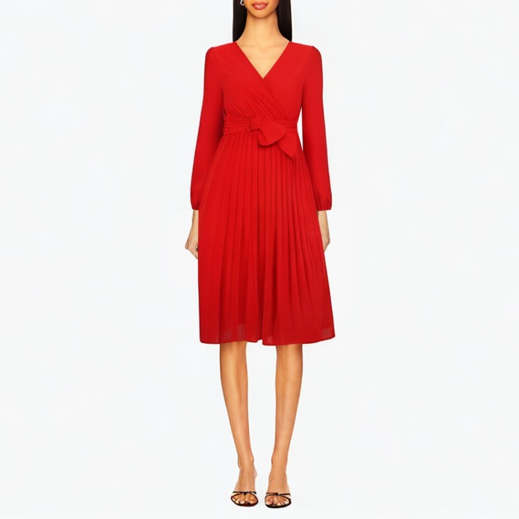 Long-sleeved slim pleated dress with v-neck
