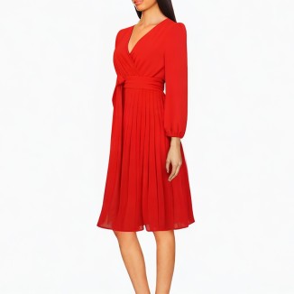 Long-sleeved slim pleated dress with v-neck
