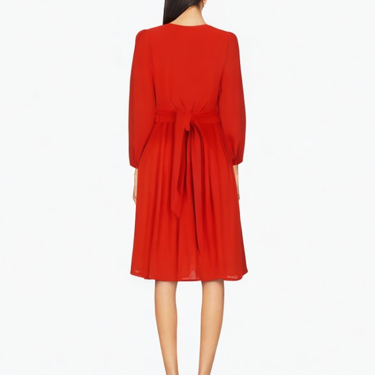 Long-sleeved slim pleated dress with v-neck