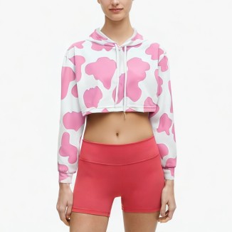 Pink printed loose casual drawstring short hoodie