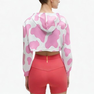 Pink printed loose casual drawstring short hoodie