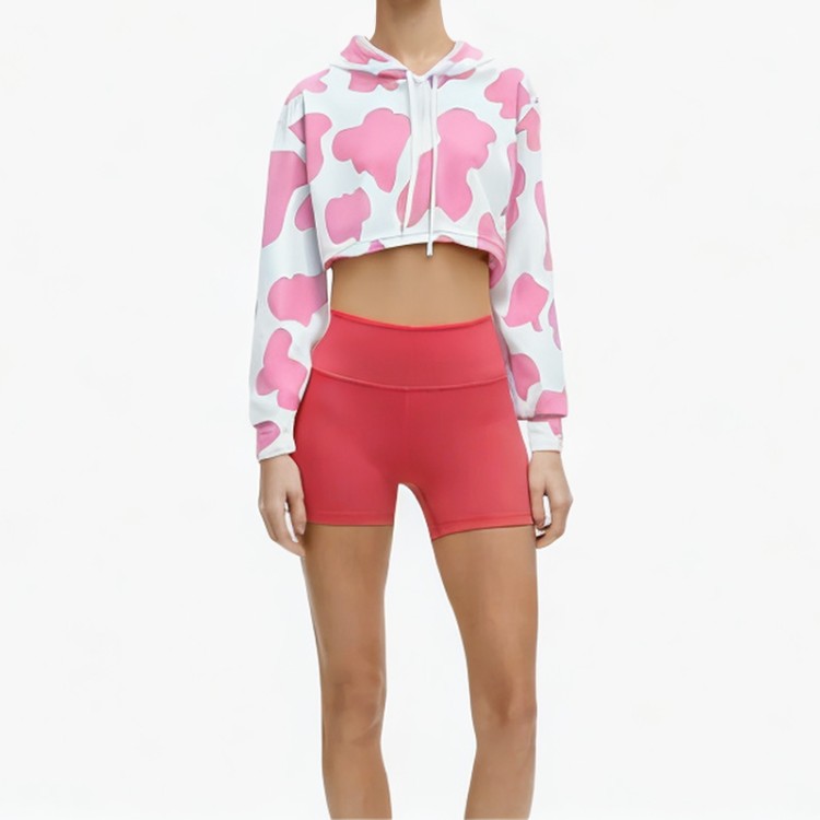 Pink printed loose casual drawstring short hoodie
