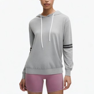 Gray striped drawstring short hoodie