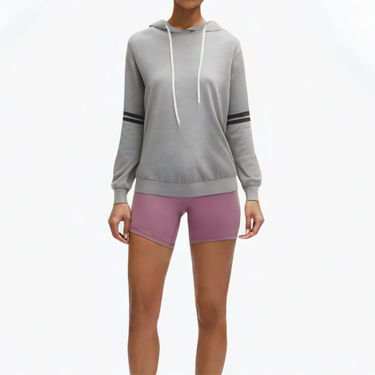 Gray striped drawstring short hoodie