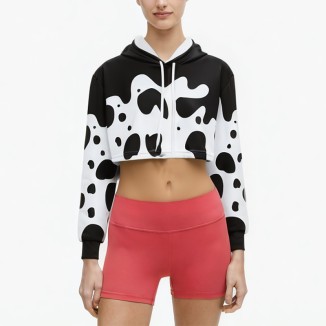 black and white drawstring printed short hoodie