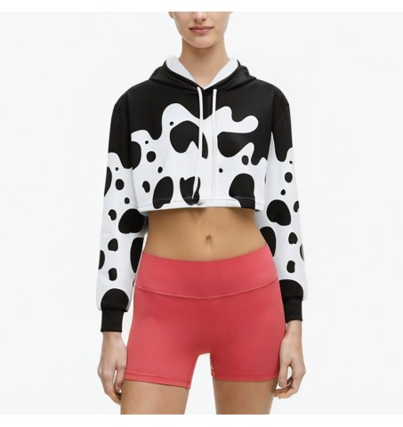 black and white drawstring printed short hoodie