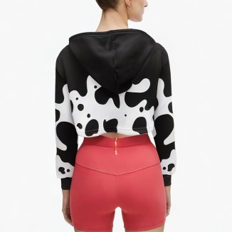 black and white drawstring printed short hoodie