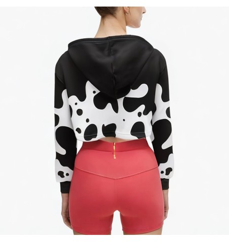 black and white drawstring printed short hoodie