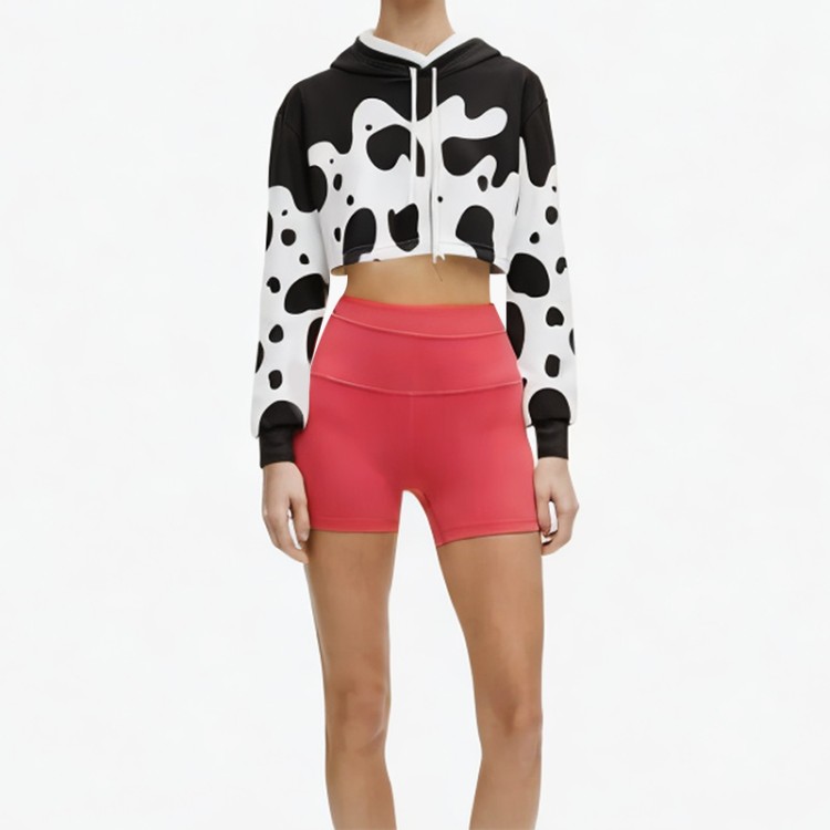 black and white drawstring printed short hoodie