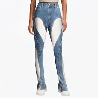 irregular pants patchwork mesh see-through jeans
