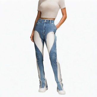 irregular pants patchwork mesh see-through jeans