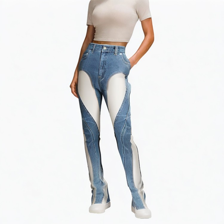 irregular pants patchwork mesh see-through jeans