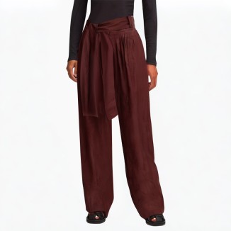 Burgundy pure cotton high waist casual pants belt