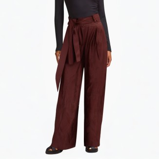 Burgundy pure cotton high waist casual pants belt